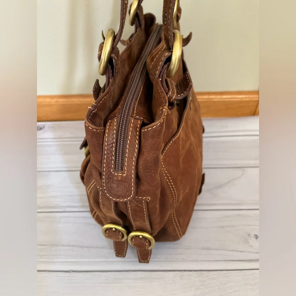 Francesco Biasia brown satchel shoulder bag gold brass hardware with dust bag